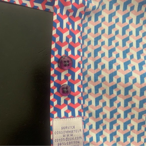 NWT COTON DOUX Paris Geo Print Button Front Shirt Cotton Poplin Pink Navy Blue - Picture 15 of 15